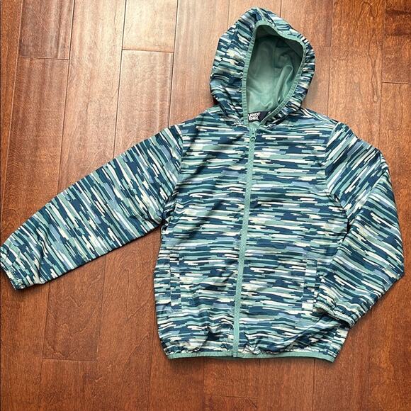 Lands' End Other - Lands' End Kids Teal Striped Hooded Windbreaker, Packable, Size Large 10-12